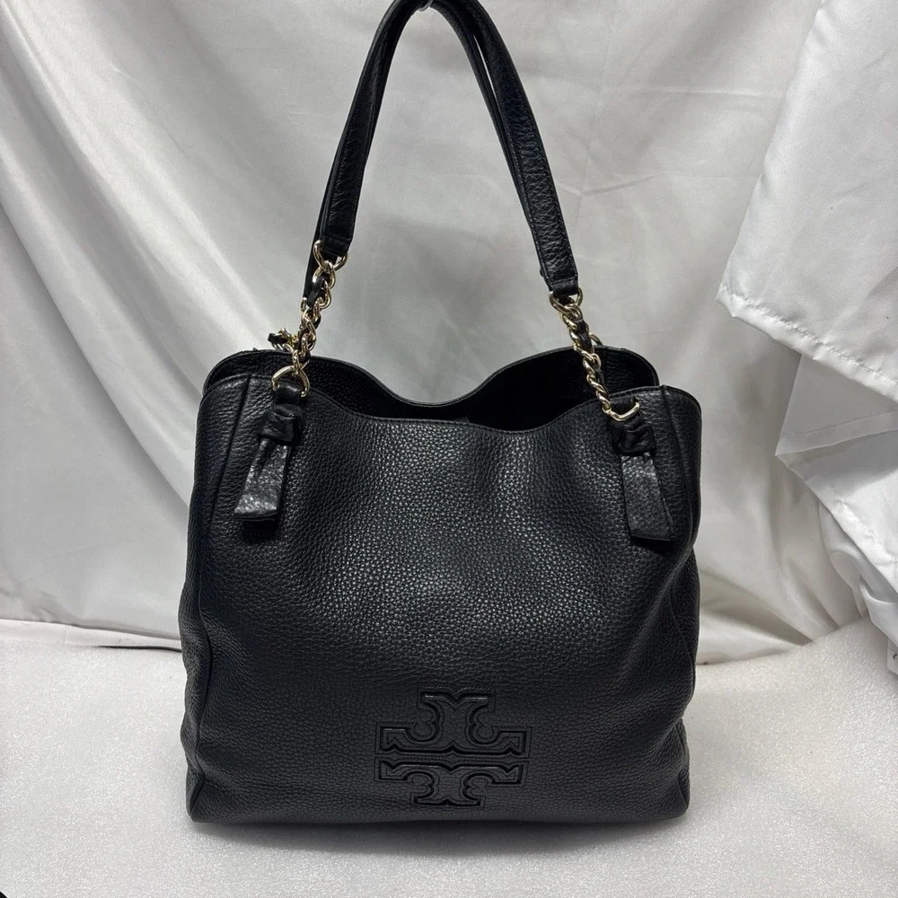 Tory Burch Harper Tote Bag Black Excellent Pebbled Leather Gold Chain Logo
